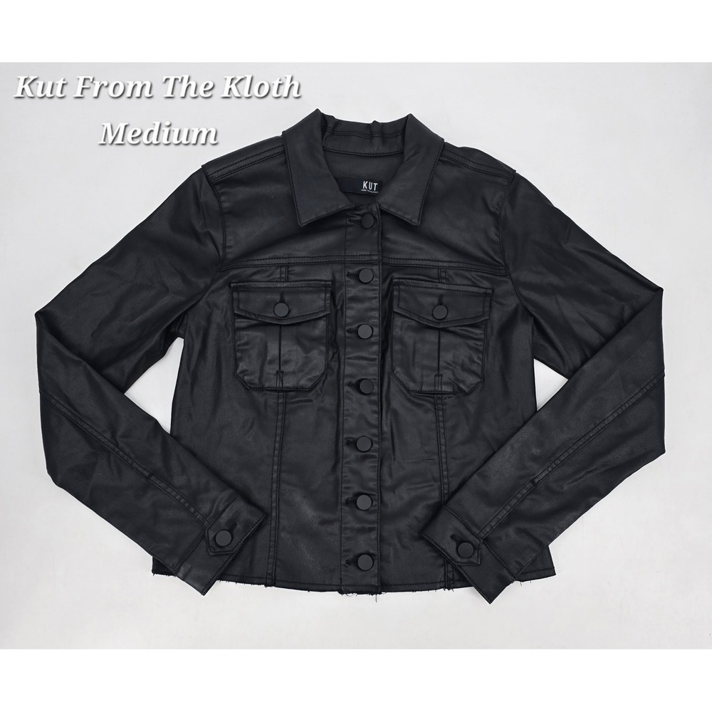 KUT From The Kloth Kara Black Vegan Leather Painted Jacket M Moto Trucker